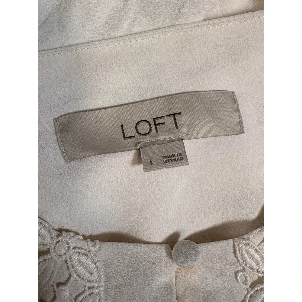 Loft Womens Ivory Lace Front Puff Sleeve Blouse Cream Split Neck Top Large
